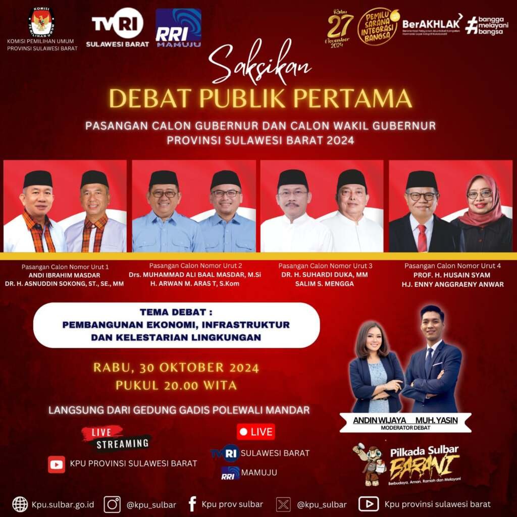 Debat Publik Perdana Pilgub Sulbar 2024: Pasangan Calon Siap Bahas Ekonomi, Infrastruktur, dan Kelestarian Lingkungan