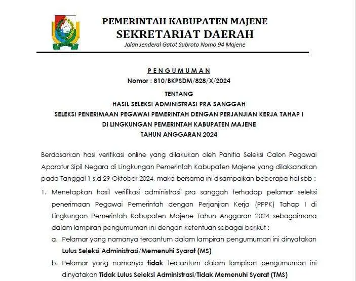 BKPSDM Kabupaten Majene Umumkan Hasil Seleksi Administrasi Pra Sanggah PPPK Tahap I Tahun 2024