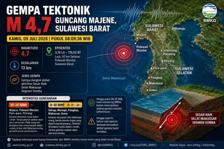 Gempa Magnitudo 4,7 Guncang Majene, BMKG: Berasal dari Sesar Naik Selat Makassar Segmen Somba, Belum Ada Laporan Kerusakan
